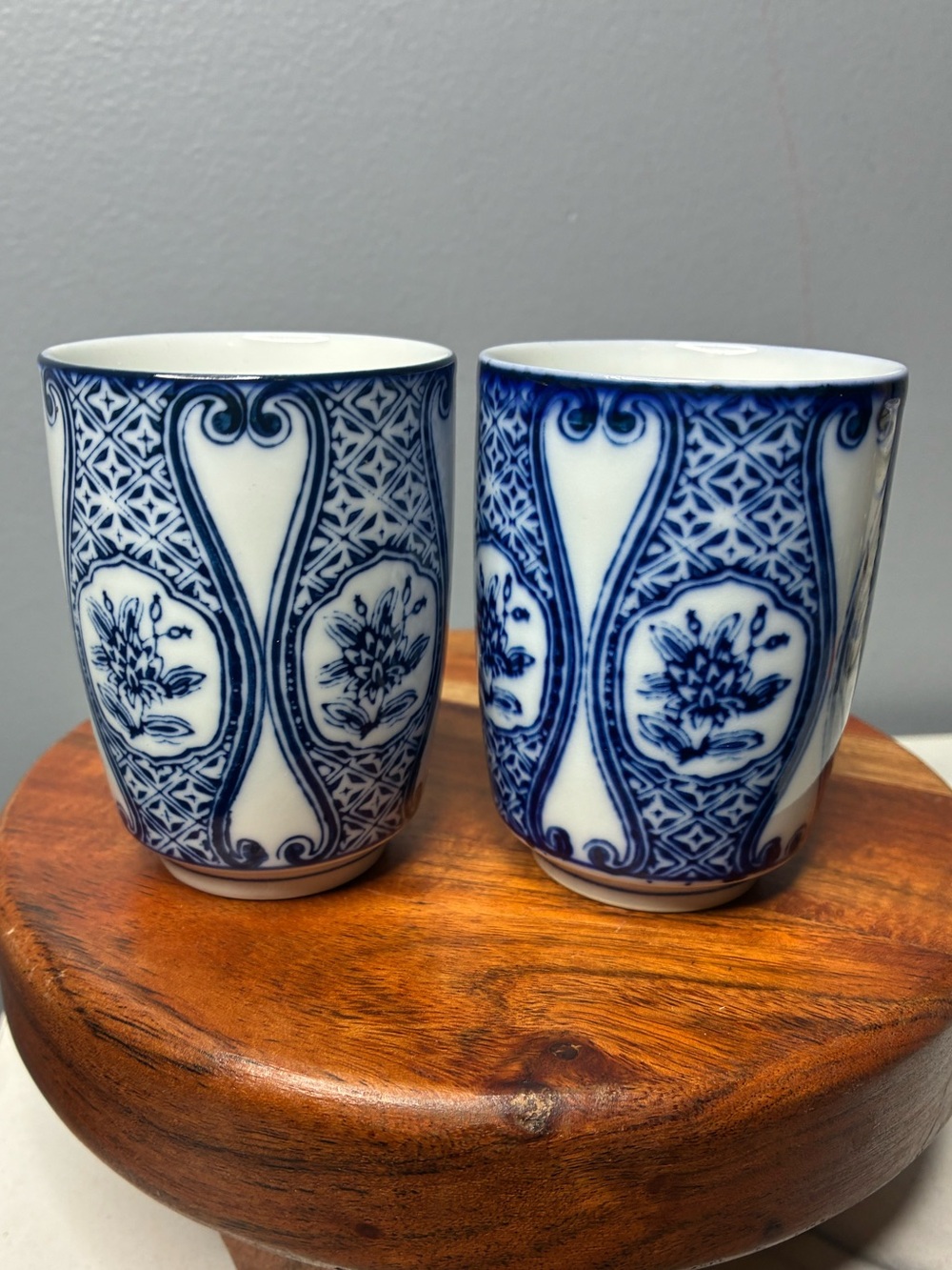 Vintage Japanese Blue & White Porcelain Yunomi Tea Cups Set of 2